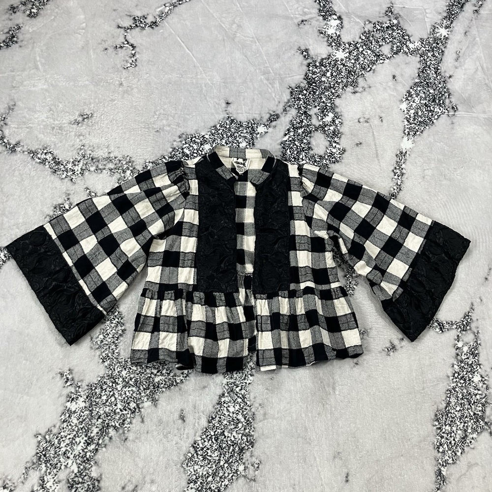 Jaase Patchwork Checkered Boho Crop Top Statement Bell Sleeves Size M Open Front